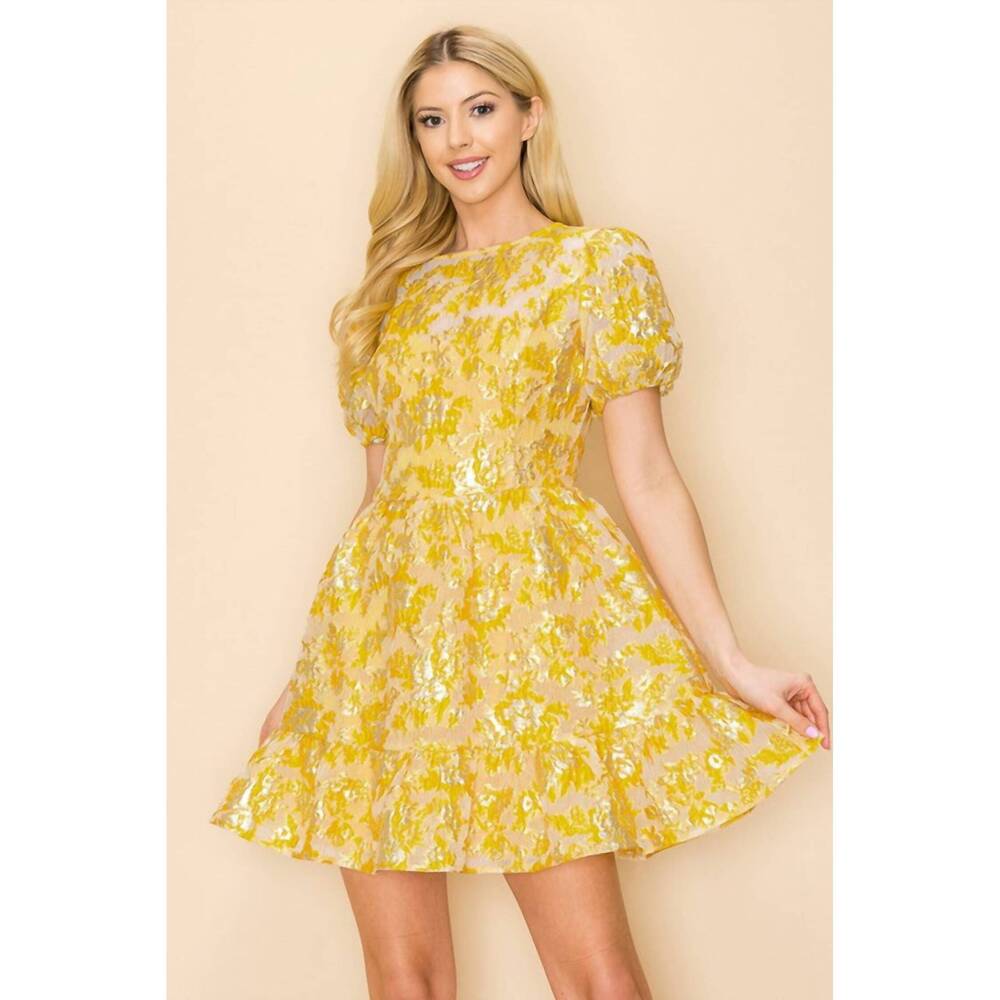 NEW INA FASHION jacquard puff sleeve mini dress in shimmer yellow